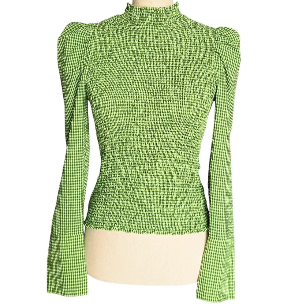 Scotch and Soda Womens Top Sz XS Green Smocked Long Sleeve Button Cuff Gingham